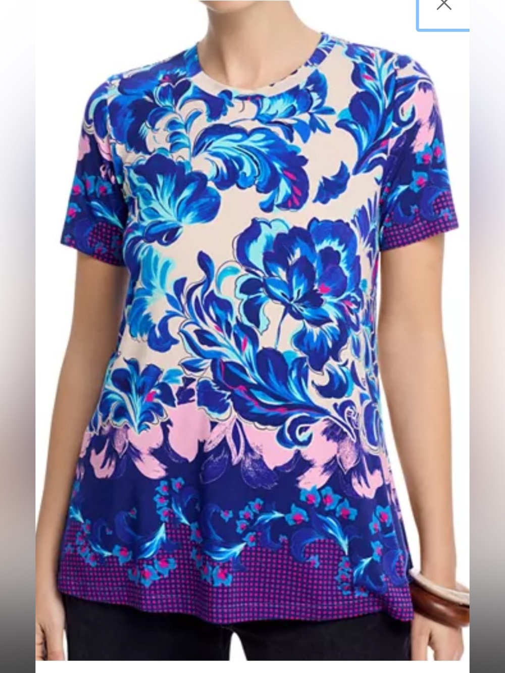 Johnny Was Blue Floral Short Sleeve Swing Tee with Pink Accents